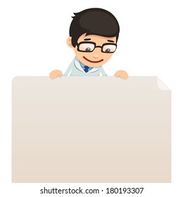 Doctor looking at blank poster on top. In the EPS file, each element is grouped separately. Isolated on white background.