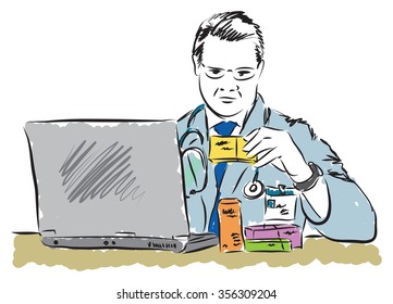 doctor looking at drugs box prescription with laptop pc computer illustration