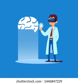 Doctor looking at human brain 3D model using virtual reality glasses, medical professional with futuristic technology makes digital diagnosis, flat isolated cartoon vector illustration