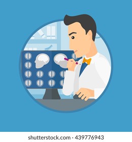 Doctor looking at magnetic resonance images of the brain on a computer screen. Doctor analyzing MRI scan at the medical office. Vector flat design illustration in the circle isolated on background.