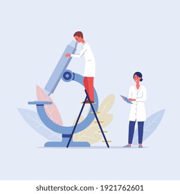 Doctor looking in microscope. Medicine laboratory research concept - two cartoon scientist peole doing blood research or chemical test, vector illustration.