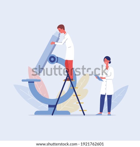 Doctor looking in microscope. Medicine laboratory research concept - two cartoon scientist peole doing blood research or chemical test, vector illustration.