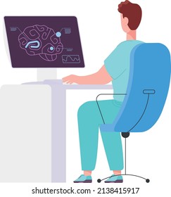 Doctor looking on brain scan on computer screen. Health diagnostics isolated on white background