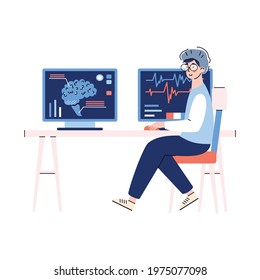 Doctor looking on computer screen with mri scan result of patient brain. Medical diagnostic using mrt, magnetic resonance tomography technology in hospital. Vector illustration.