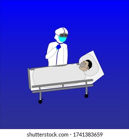 The doctor is looking at the patient with the covid 2019 virus which is getting better,in the style of the blue background vector.