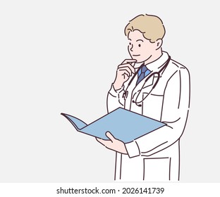 Doctor looking at patient report. Health care concept. Hand drawn in thin line style, vector illustrations. 