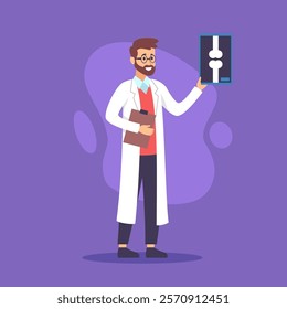 Doctor looking at patients X-ray image vector illustration. Male cartoon character in white coat studying medical records, working in hospital. Modern medicine, treatment and healthcare concept