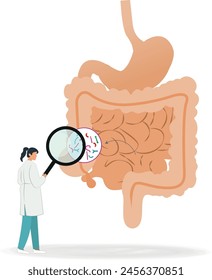 Un médico está mirando una imagen del estómago de una persona. El estómago muestra microorganismos.microbioma Concepto
