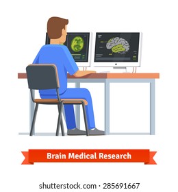 Doctor looking at results of MRI brain scan on a computer screens. Medical research and diagnosis. Flat vector illustration.