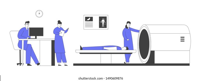 Doctor Looking at Results of Patient Brain Scan on Computer Monitor Screen in Front of Mri Machine with Man Lying Down and Nurses Stand nearby in Hospital. Cartoon Flat Vector Illustration Line Art