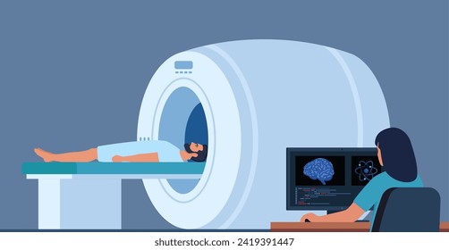 Doctor looking at results of patient brain scan on the monitor screens in front of MRI machine with patient lying down. Flat vector illustration