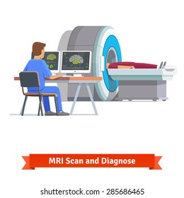 Doctor looking at results of patient brain scan on the monitor screens in front of MRI machine with man lying down. Flat vector illustration.