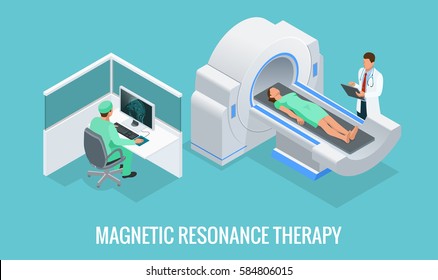 Doctor looking at results of patient brain scan on the monitor screens in front of MRI machine with man lying down. Flat isometric vector illustration.