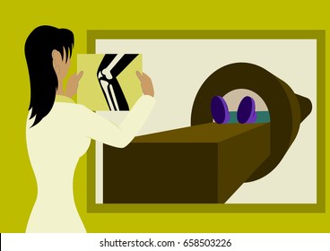 Doctor looking at results of patient leg scan on the screens in front of MRI machine with man lying down. Flat vector illustration
