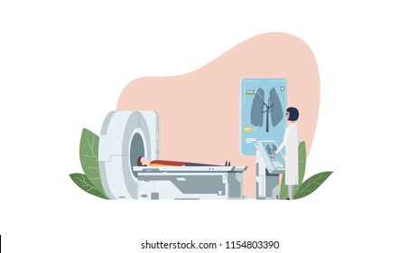Doctor looking at results of patient respiratory scan on the monitor screens in front of MRI machine with man lying down. Flat vector illustration.