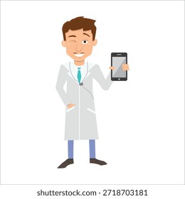 Médico que mira la Ilustración vectorial del smartphone o de la tableta