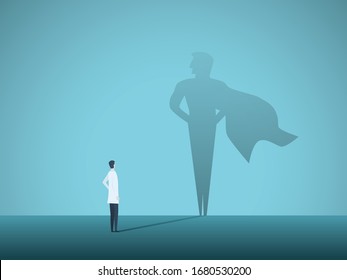 Doctor Looking At Superhero Shadow On The Wall. Hospital Staff, Nurses Heroes Fight Coronavirus Pandemic, Epidemic. Strong, Courage, Brave Life Saving Medical Concept. Eps10 Illustration.