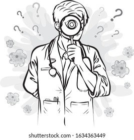 The doctor is looking through the magnifying glass to check for symptoms through the magnifying glass illustrate outline