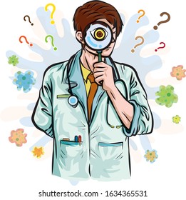 The doctor is looking through the magnifying glass to check for symptoms through the magnifying glass.