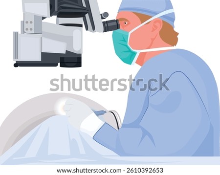 Doctor looking through microscope during eye surgery, medical illustration