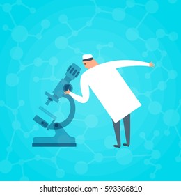 Doctor looking through a microscope. Medicine, science research flat concept illustration. Scientist in chemistry lab conducting experiments. Medic in biochemistry doing tests. Medical vector design.