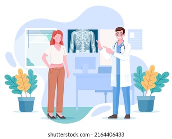 Doctor looking at a x-ray chest film with woman patient in clinic. Vector flat illustration. Radiology and body scan in medicine concept.