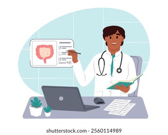 Doctor looks at a intestine scan on a virtual screen while sitting at a table in a hospital. Doctor who studies intestinal diseases. Vector flat illustration