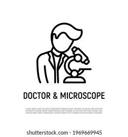 Doctor looks in microscope thin line icon. Laboratory research. Vector illustration.