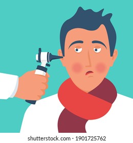 The doctor looks at the otoscope. A professional ophthalmologist examines a sick patient. Clinic illustration template. Medical examination. Vector illustration flat design. Diagnostic equipment.
