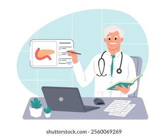 Doctor looks at a pancreas scan on a virtual screen while sitting at a table in a hospital. Diagnosis and treatment of pancreas disease. Vector flat illustration