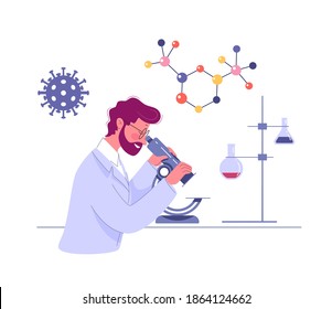 A doctor looks through a microscope in a laboratory and conducts a study.