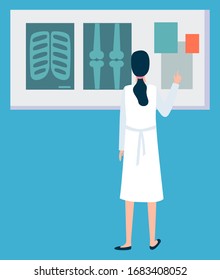 Doctor looks x-ray, image of bones and ribs, surgeon character. Full length and portrait view of female wearing medical gown researching ray vector