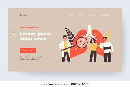 Doctor with magnifier finding lung disease in patients. Examination, illness, pneumonia. Flat vector illustration. Pulmonology, healthcare concept for banner, website design or landing web page