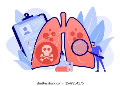 Doctor with magnifier and lungs with skull and crossbones. Lower respiratory infections, pneumonia, lungs infection concept on white background. Pinkish coral bluevector vector isolated illustration