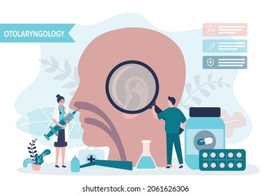 Der Arzt mit Lupe untersucht das Ohr des Patienten. Otolaryngologe diagnostizieren Ohrkrankheiten. Konzept der Otolaryngologie, physiologische Merkmale. Spezialist untersucht Orgel mit Werkzeugen. Vektorgrafik