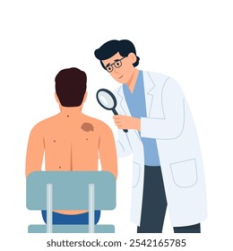 Médico com lupa na mão examina a pele do homem e encontra melanoma em forma de toupeira. Conceito de câncer de pele.Oncologia ou problemas dermatológicos. Ilustração de vetor