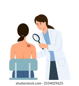 Doctor with magnifying glass in  hand examine woman skin and find melanoma in form of mole. Skin Cancer concept.Oncology or dermatological problems. Vector Illustration