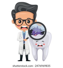 Doctor with a magnifying glass observing a dental infection caused by bacteria. Prevention, diagnosis and treatment of tooth and gum diseases. Dental hygiene and oral care. Prevention of tooth decay