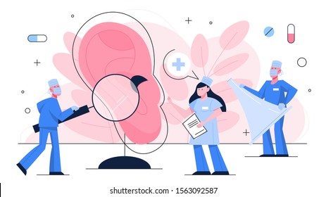 Doctor make ear examination concept. Idea of medical treatment and health care. Otolaryngology tool. Vector illustration in cartoon style