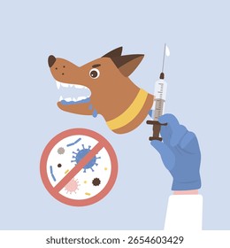 Doctor make injection against Rabies. Infected Dog. Medical care, immunization, fight with dangerous infection concept. Animal and human healthcare. Infographic template. Vector illustration