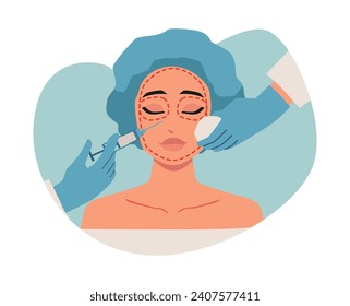 El doctor le hace la inyección a la cara de la mujer. Concepto de cirugía plástica facial y procedimientos cosméticos. Ilustración vectorial plana sobre fondo abstracto.