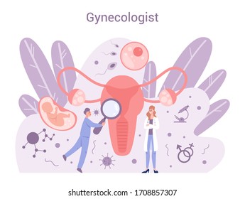 Doctor make uterus examination concept. Gynecology and female health. Human anatomy, ovary and womb. Medical treatment. Isolated illustration in cartoon style