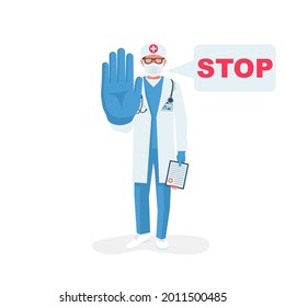Doctor makes hand gesture. Gesture "Stop". Doctor in a medical mask suit on face and protective gloves. Landing page the fight a dangerous epidemic. Vector illustration flat design.