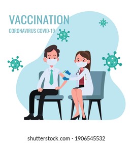 Doctor makes an injection of flu vaccine to man in hospital. coronavirus, Covid-19 , prevention and immunize.