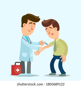 The doctor makes an injection into the vein of the patient's arm. Vaccination against viral diseases. Medical vector illustration, flat design, cartoon style, isolated background.