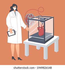 Doctor makes internal organs by 3d printer. Future in medicine. Vector hand drawn illustrate. Heart printing. Transplantation, surgery technologies. Save life. 