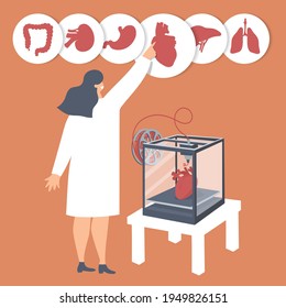 Doctor makes internal organs by 3d printer. Future in medicine. Vector hand drawn illustrate. Heart printing. Transplantation, surgery technologies. Save life. 