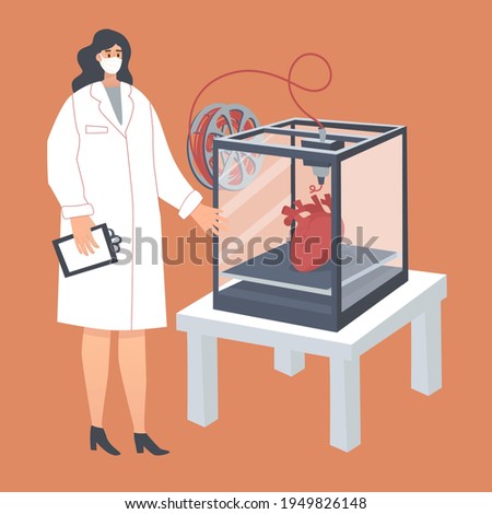 Doctor makes internal organs by 3d printer. Future in medicine. Vector hand drawn illustrate. Heart printing. Transplantation, surgery technologies. Save life. 