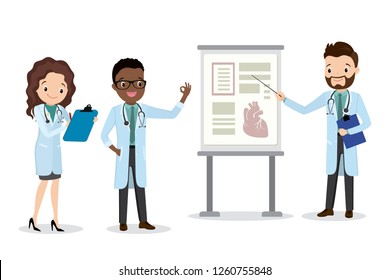 Doctor makes presentation for colleagues,People in medical clothes,isolated on white background,flat vector illustration