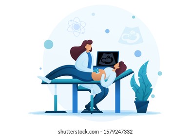 Doctor makes an ultrasound of a pregnant woman, examining the fetus in utero. Flat 2D character. Concept for web design.